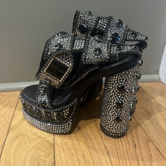 Azalea Wang Silver Bayou Black Embellished Platform Ankle Strap Sandals Size 6 - Picture 5 of 8